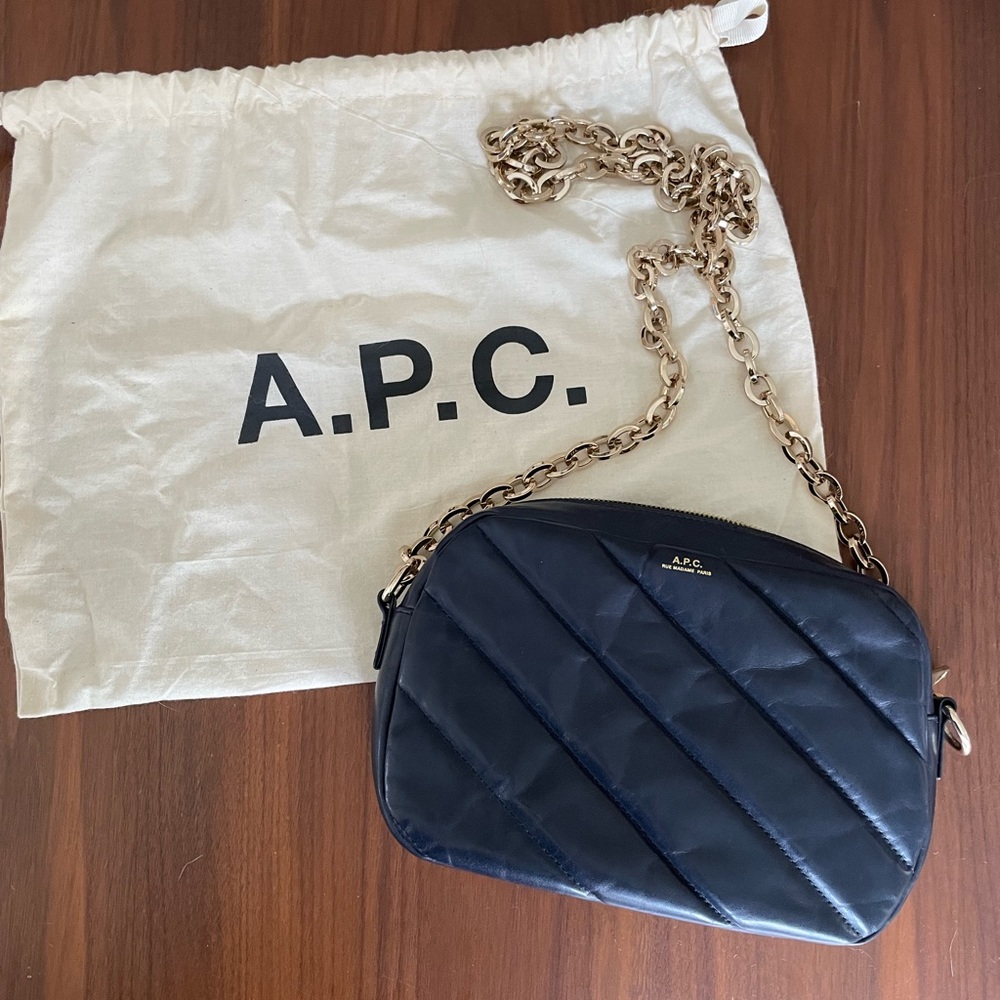 A.P.C. Navy quilted camera bag with chain strap
